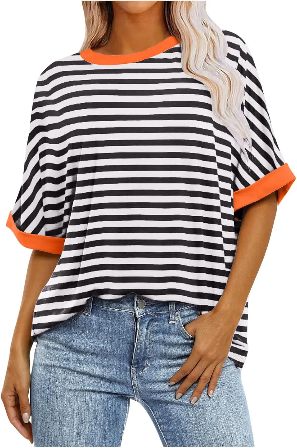 Womens Oversized T Shirts Fashion Striped Summer Tops Loose Fit Basic Tee Shirt Crewneck Plus Size Tunic 2024 Trendy