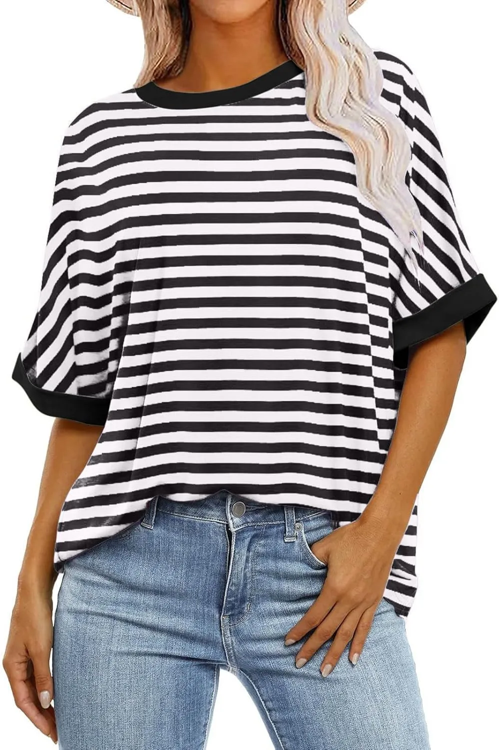 Womens Oversized T Shirts Fashion Striped Summer Tops Loose Fit Basic Tee Shirt Crewneck Plus Size Tunic 2024 Trendy