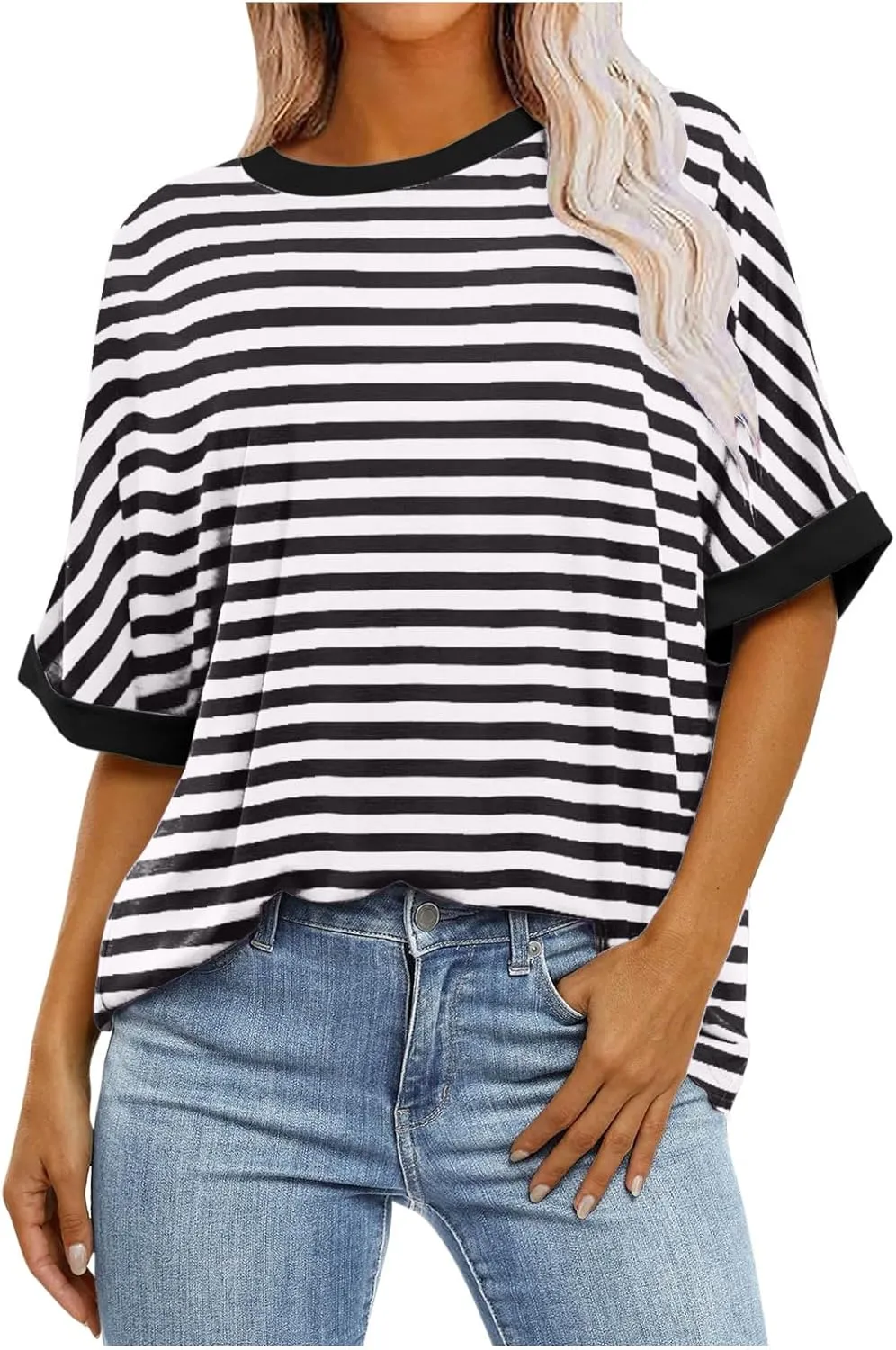 Womens Oversized T Shirts Fashion Striped Summer Tops Loose Fit Basic Tee Shirt Crewneck Plus Size Tunic 2024 Trendy