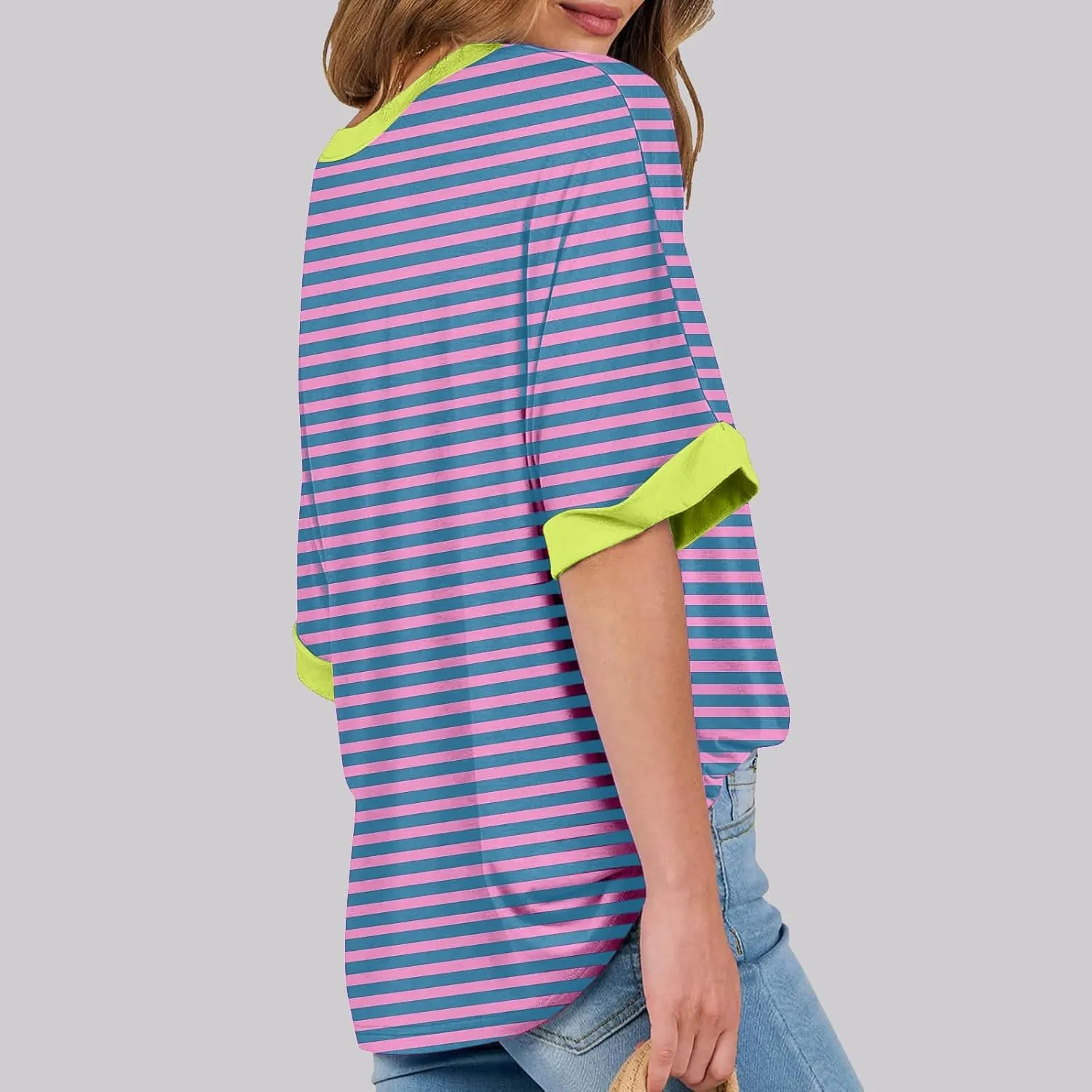 Womens Oversized T Shirts Fashion Striped Summer Tops Loose Fit Basic Tee Shirt Crewneck Plus Size Tunic 2024 Trendy