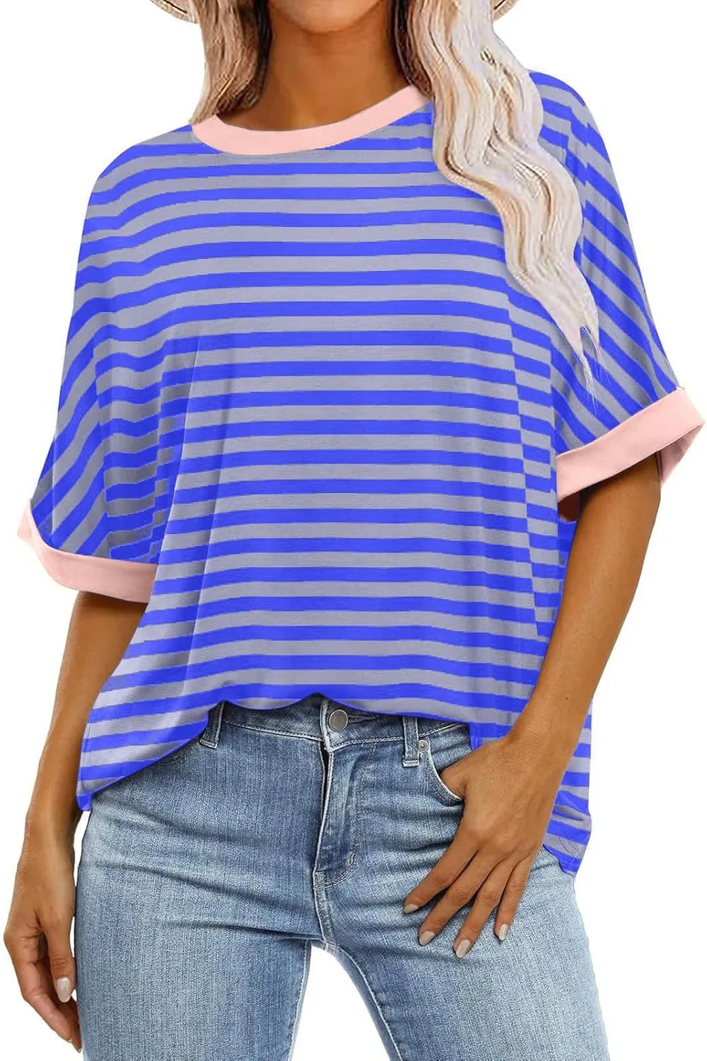 Womens Oversized T Shirts Fashion Striped Summer Tops Loose Fit Basic Tee Shirt Crewneck Plus Size Tunic 2024 Trendy
