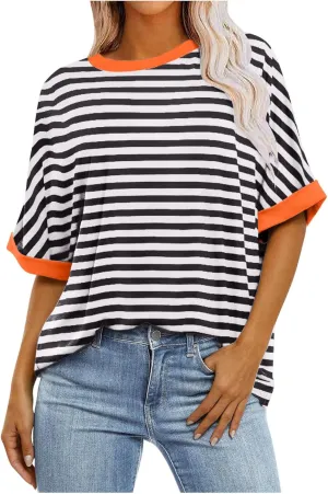 Womens Oversized T Shirts Fashion Striped Summer Tops Loose Fit Basic Tee Shirt Crewneck Plus Size Tunic 2024 Trendy
