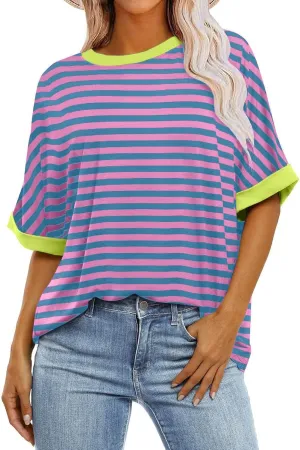 Womens Oversized T Shirts Fashion Striped Summer Tops Loose Fit Basic Tee Shirt Crewneck Plus Size Tunic 2024 Trendy