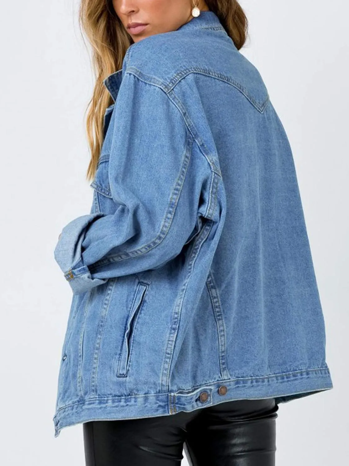 Women's Oversized Vintage Denim Jacket Long Sleeve Boyfriend Coat