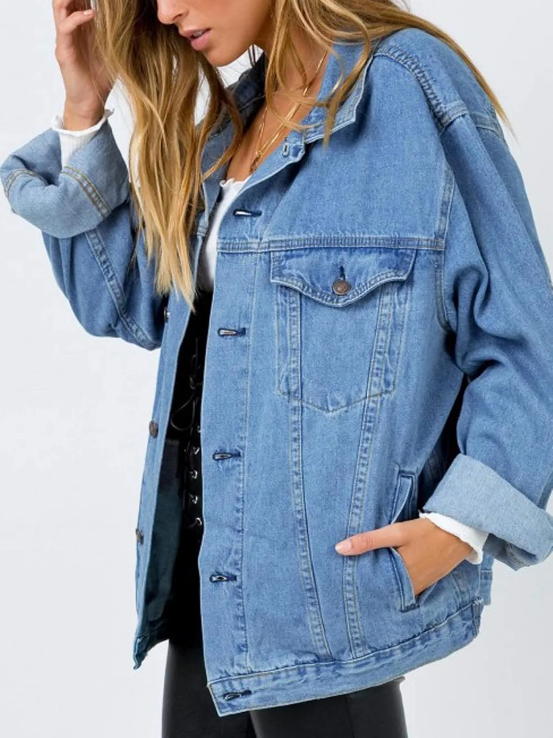 Women's Oversized Vintage Denim Jacket Long Sleeve Boyfriend Coat