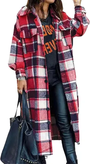 Womens Plaid Long Jacket Flannel Lapel Button Down Shirts Oversize Tartan Shacket Jacket Casual Fleece Trench Coats
