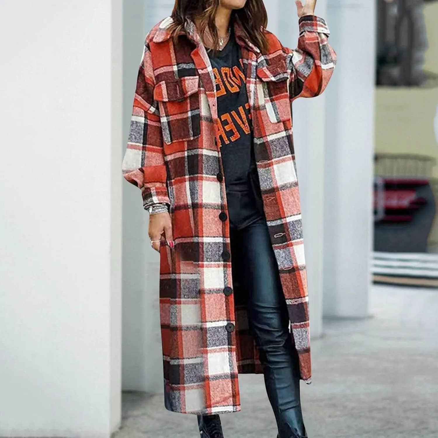 Womens Plaid Long Jacket Flannel Lapel Button Down Shirts Oversize Tartan Shacket Jacket Casual Fleece Trench Coats