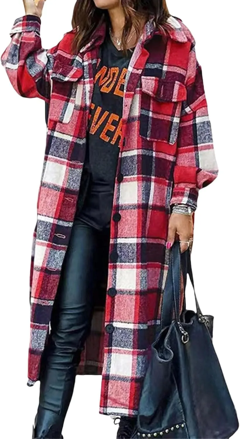 Womens Plaid Long Jacket Flannel Lapel Button Down Shirts Oversize Tartan Shacket Jacket Casual Fleece Trench Coats