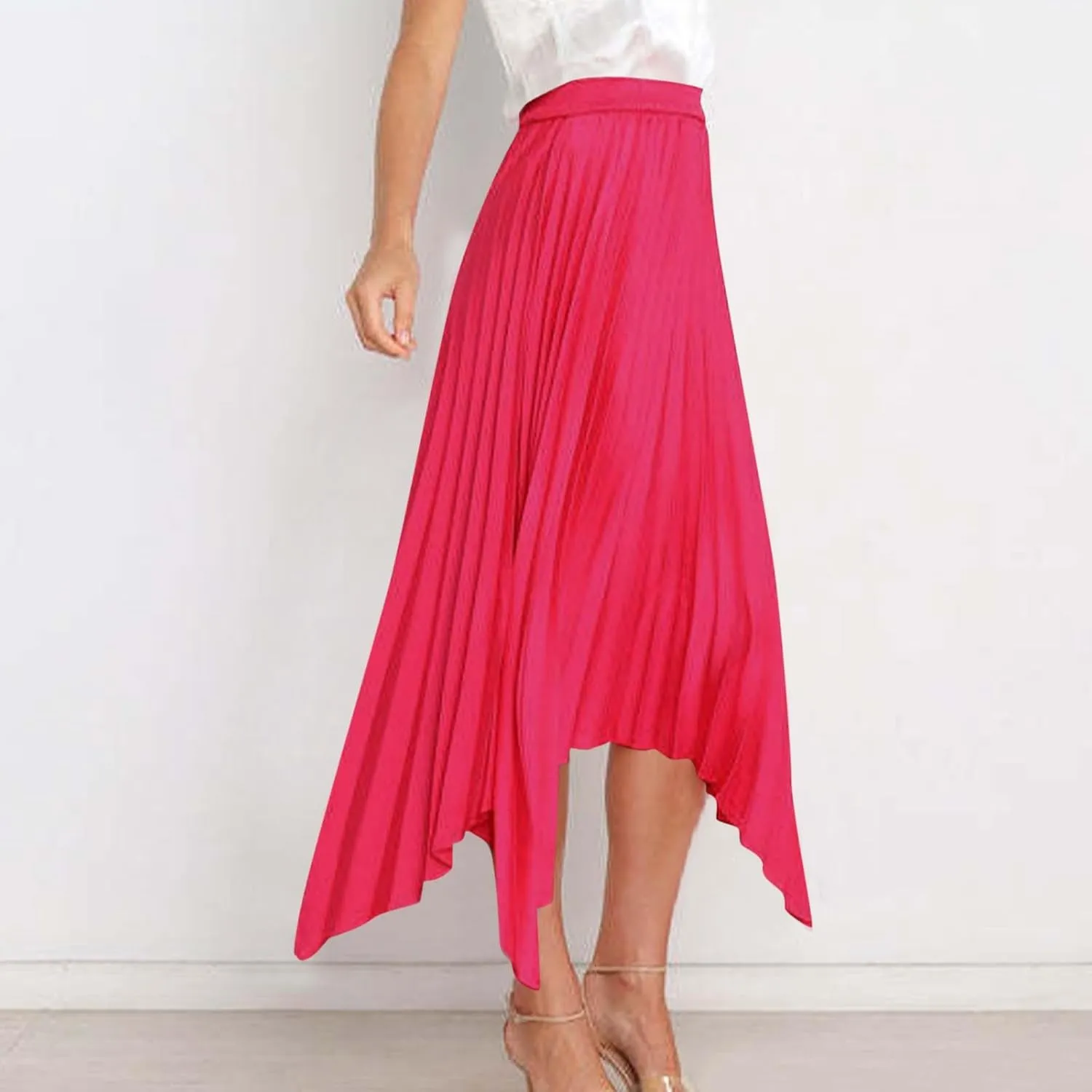 Women's Pleated Midi Long Skirt High Waisted Irregular Hem Solid Summer A-line Swing Flowy Skirts