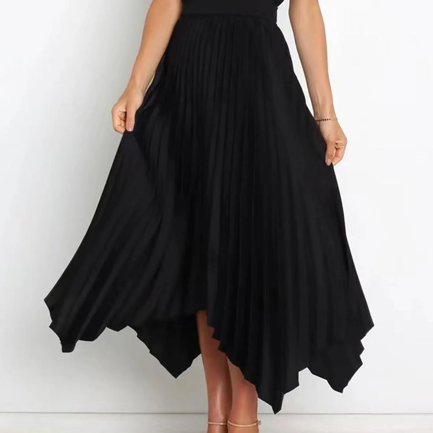 Women's Pleated Midi Long Skirt High Waisted Irregular Hem Solid Summer A-line Swing Flowy Skirts