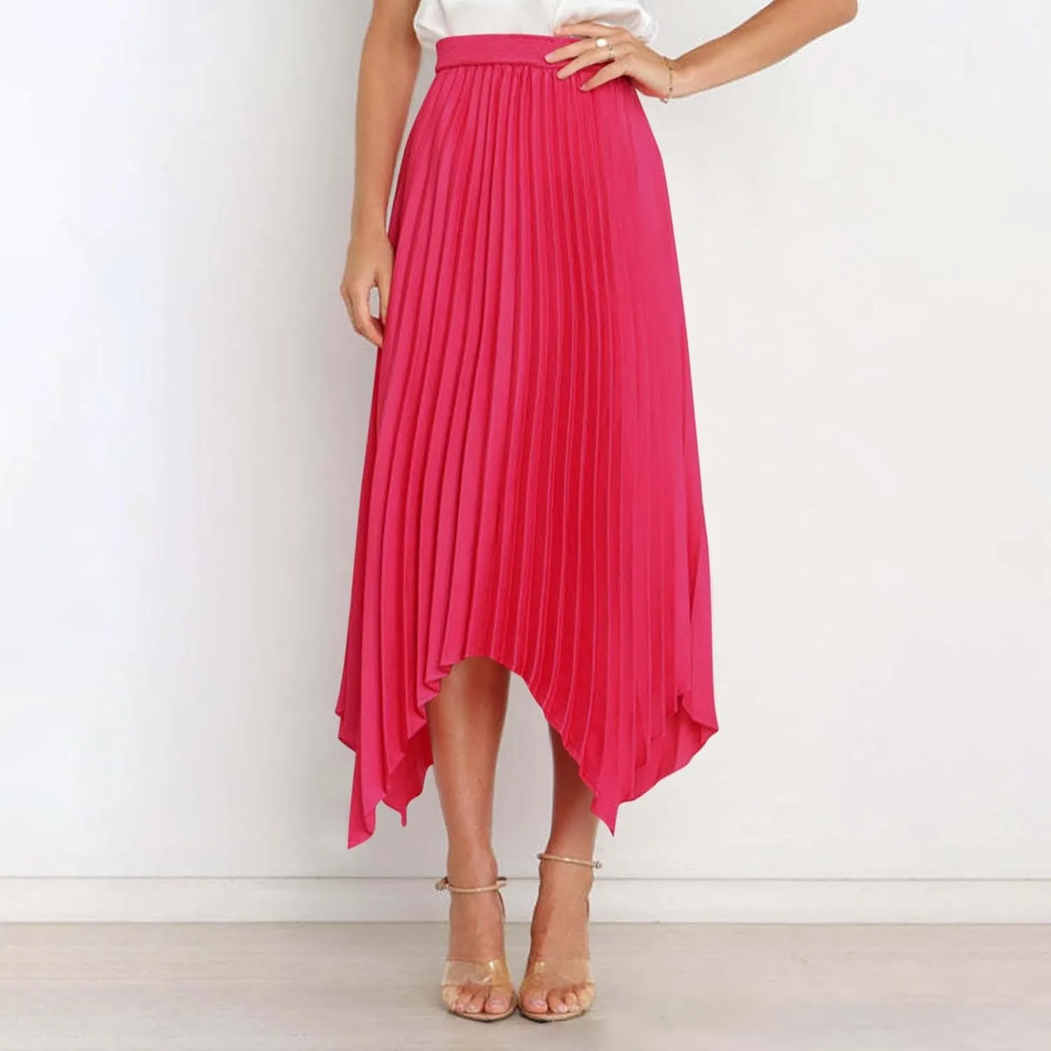 Women's Pleated Midi Long Skirt High Waisted Irregular Hem Solid Summer A-line Swing Flowy Skirts