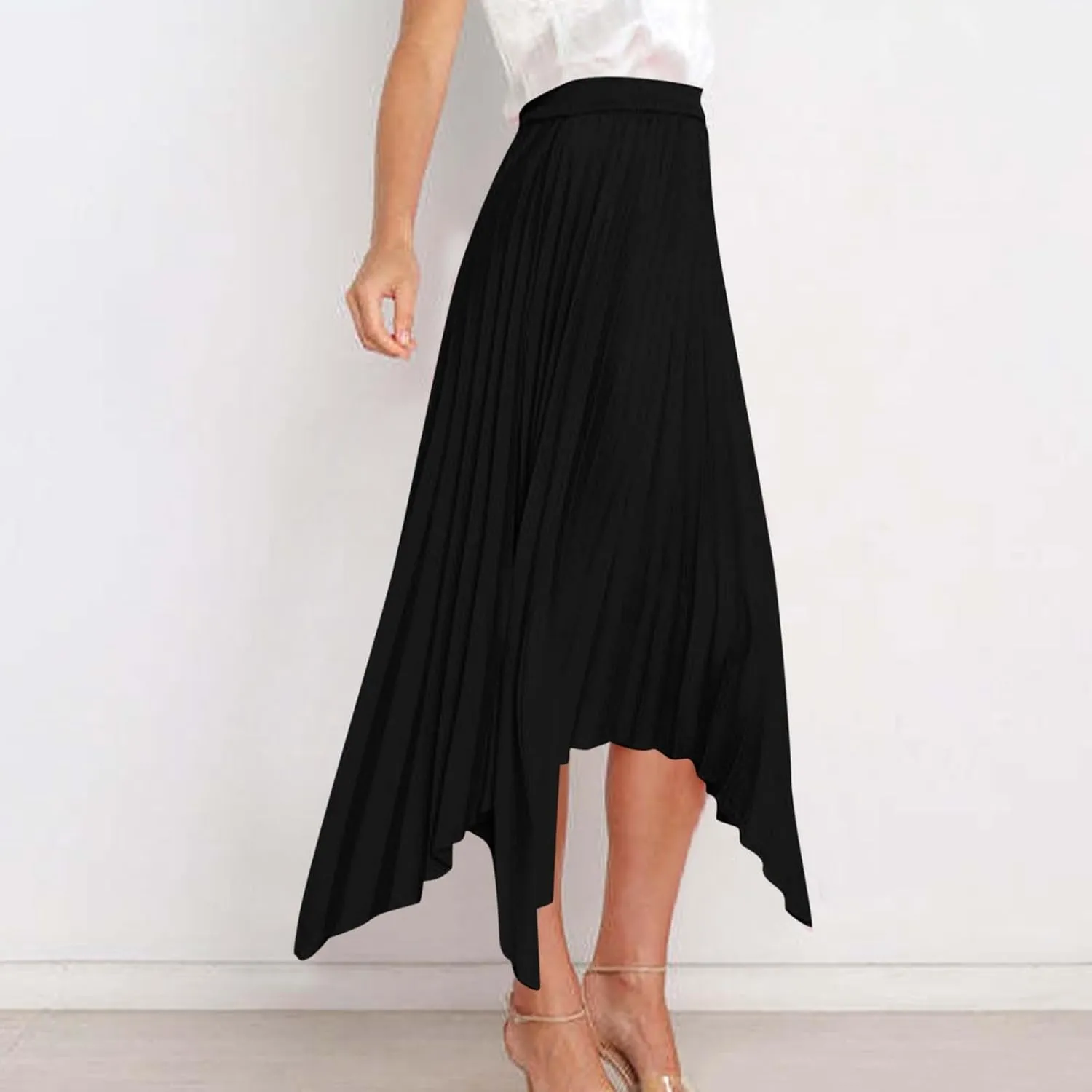 Women's Pleated Midi Long Skirt High Waisted Irregular Hem Solid Summer A-line Swing Flowy Skirts