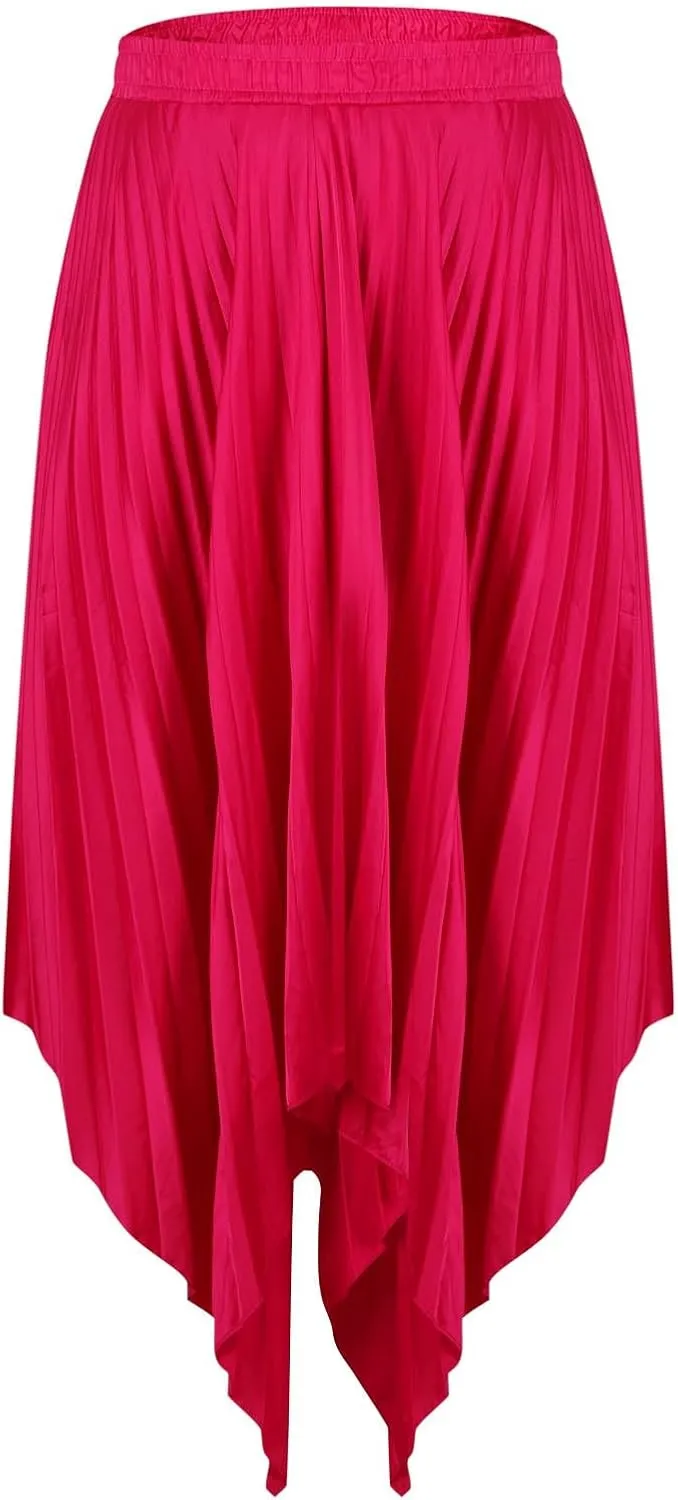 Women's Pleated Midi Long Skirt High Waisted Irregular Hem Solid Summer A-line Swing Flowy Skirts