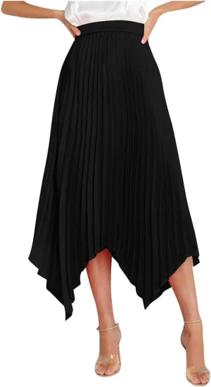 Women's Pleated Midi Long Skirt High Waisted Irregular Hem Solid Summer A-line Swing Flowy Skirts