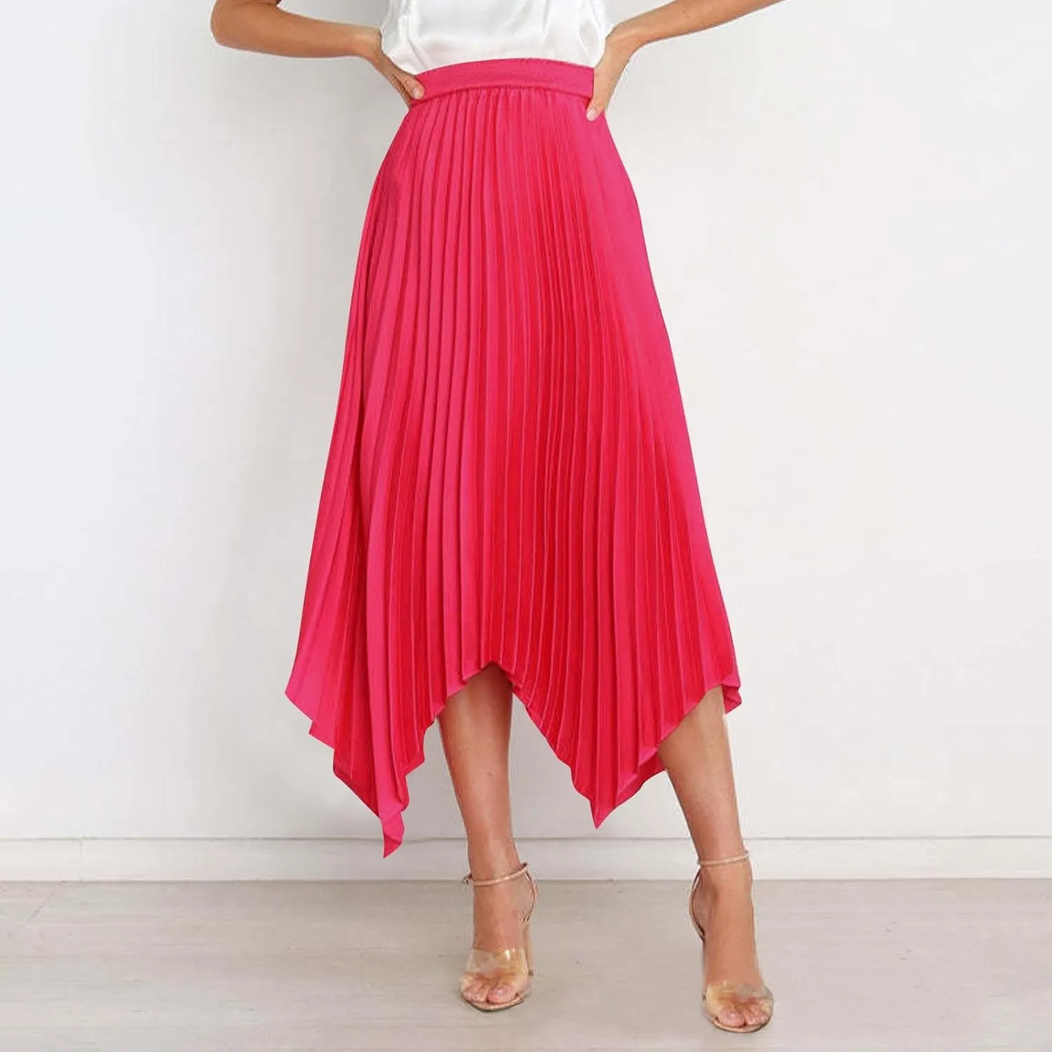Women's Pleated Midi Long Skirt High Waisted Irregular Hem Solid Summer A-line Swing Flowy Skirts