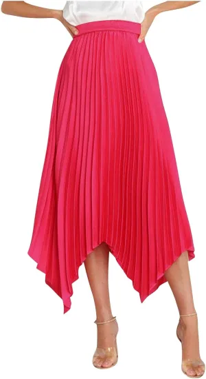 Women's Pleated Midi Long Skirt High Waisted Irregular Hem Solid Summer A-line Swing Flowy Skirts