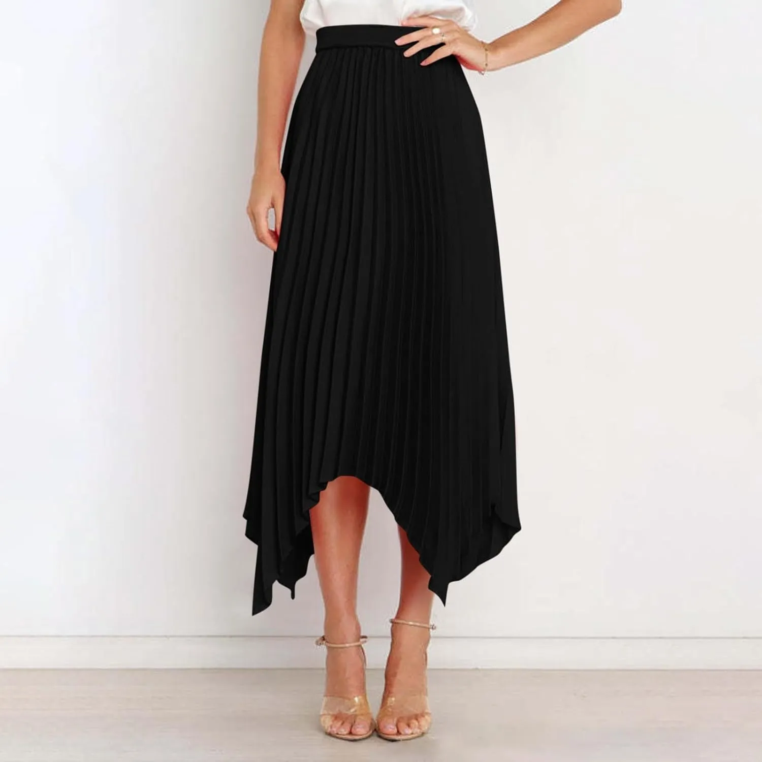 Women's Pleated Midi Long Skirt High Waisted Irregular Hem Solid Summer A-line Swing Flowy Skirts