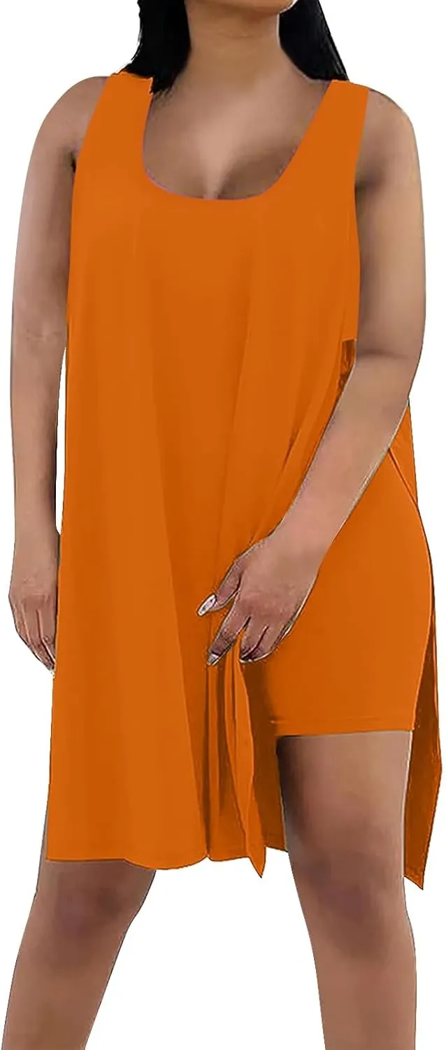 Womens Plus Size 2 Piece Outfits Short Sleeve Tunic Tops and Skinny Biker Shorts Sets Summer Loose Fit Tracksuits