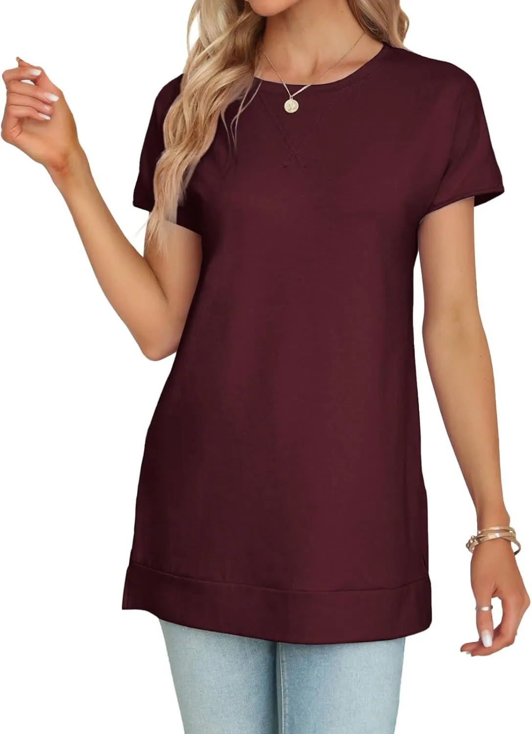 Women's Round Neck Solid Color T-Shirt Side Slit Casual Short-Sleeved Summer Sports Tunic Top
