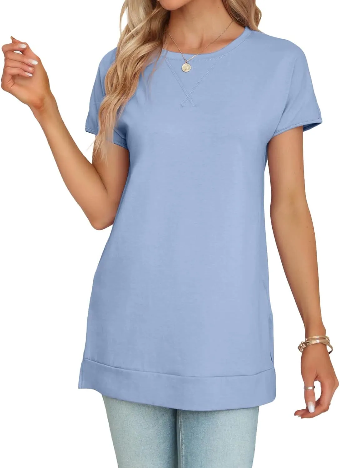 Women's Round Neck Solid Color T-Shirt Side Slit Casual Short-Sleeved Summer Sports Tunic Top