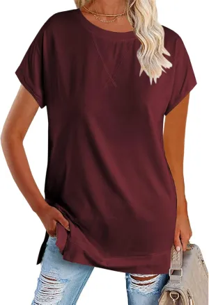 Women's Round Neck Solid Color T-Shirt Side Slit Casual Short-Sleeved Summer Sports Tunic Top