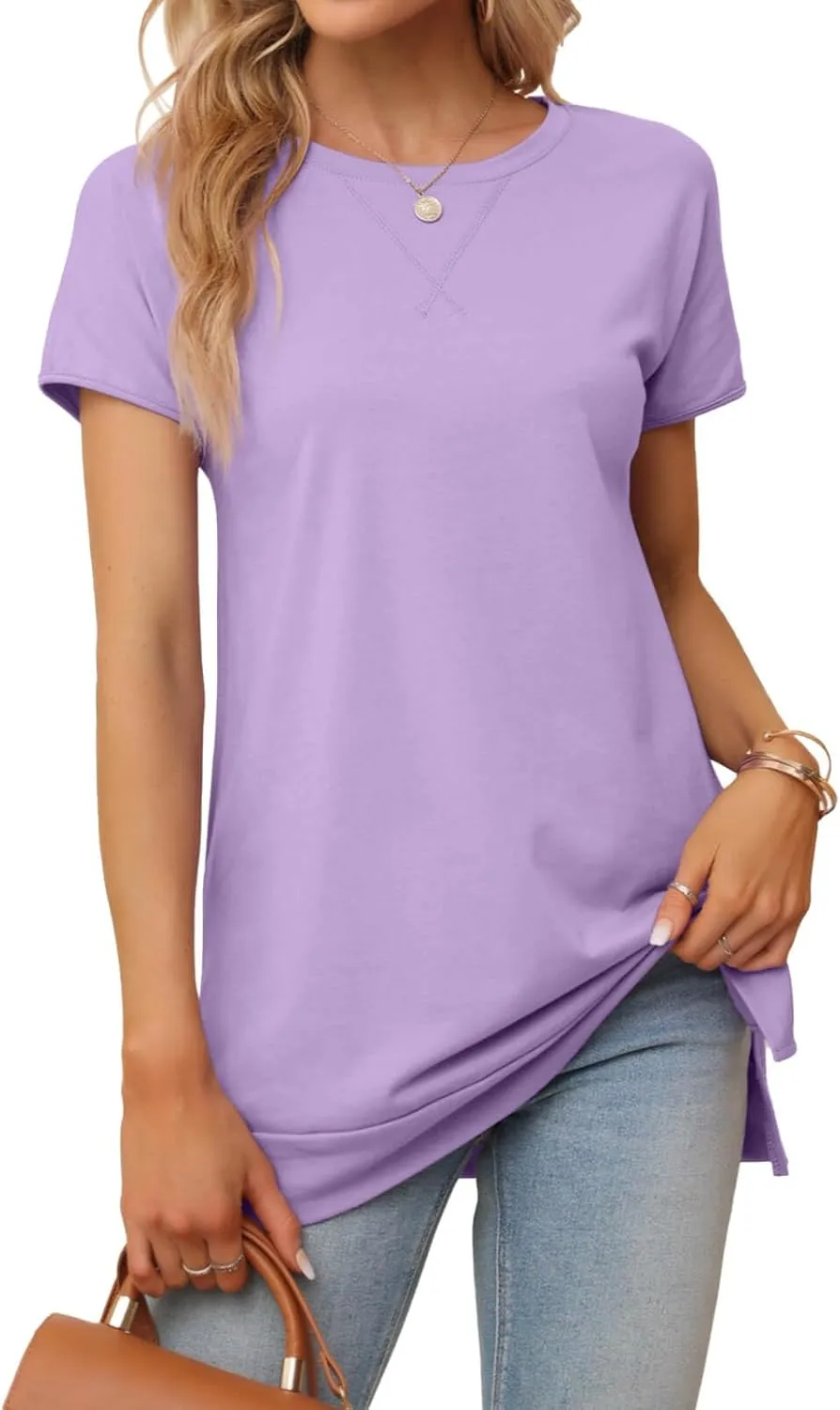 Women's Round Neck Solid Color T-Shirt Side Slit Casual Short-Sleeved Summer Sports Tunic Top