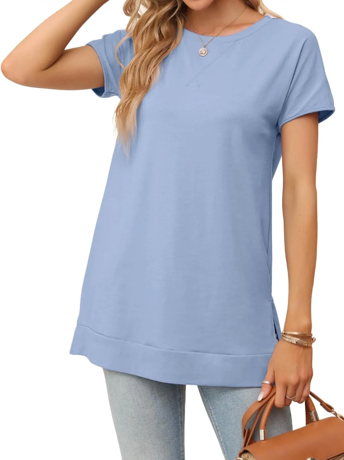 Women's Round Neck Solid Color T-Shirt Side Slit Casual Short-Sleeved Summer Sports Tunic Top