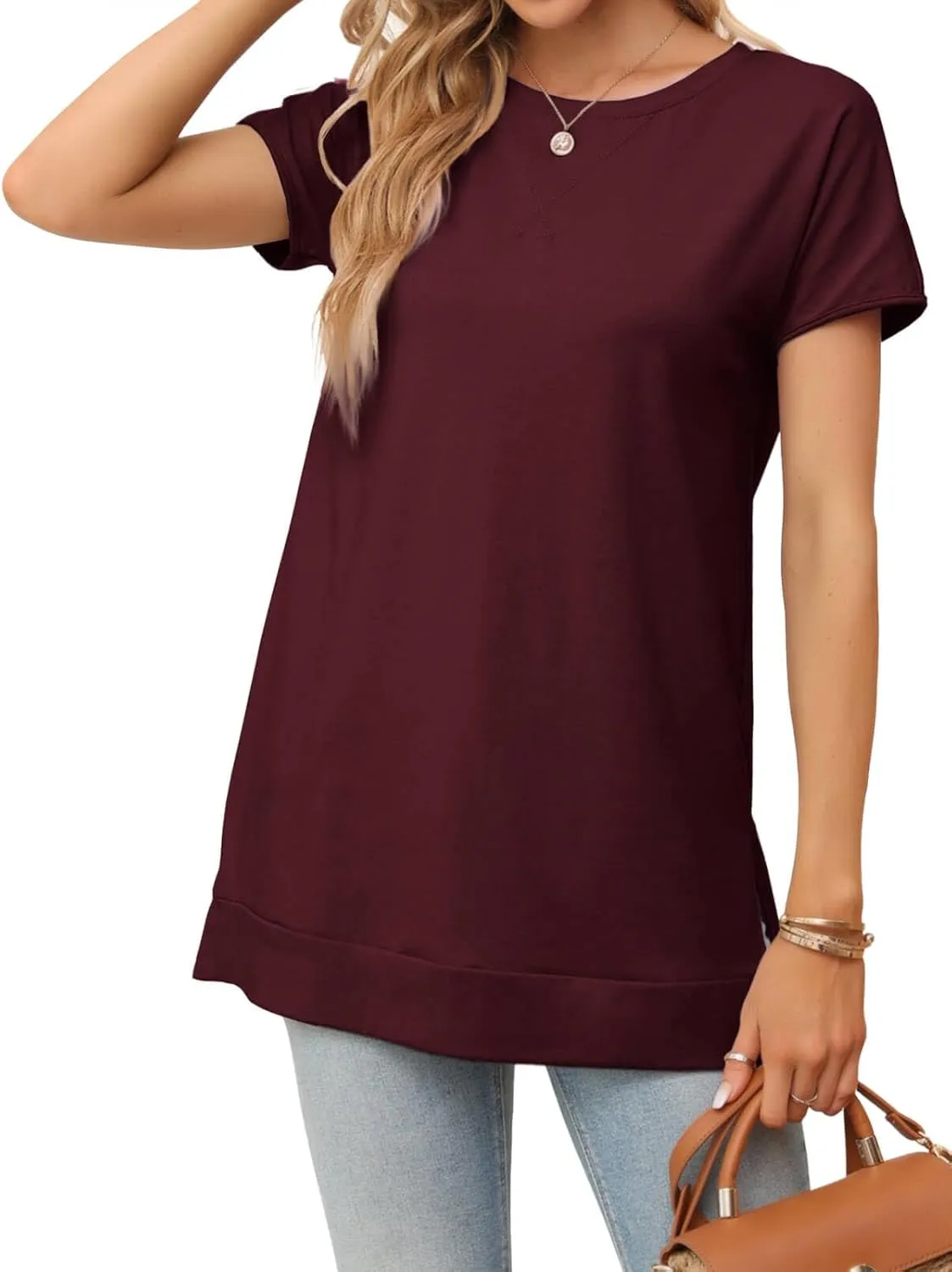 Women's Round Neck Solid Color T-Shirt Side Slit Casual Short-Sleeved Summer Sports Tunic Top