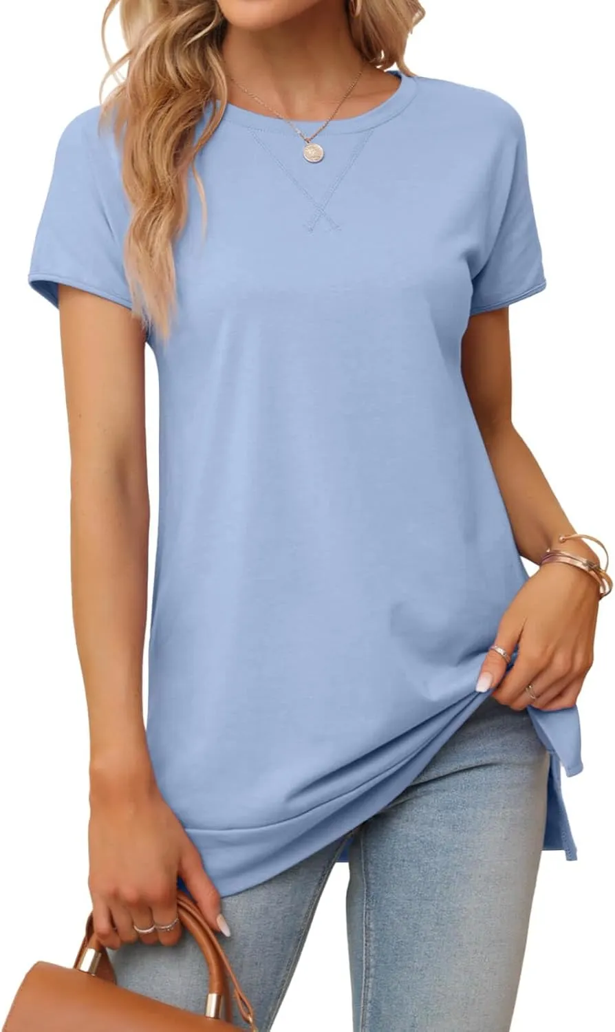 Women's Round Neck Solid Color T-Shirt Side Slit Casual Short-Sleeved Summer Sports Tunic Top