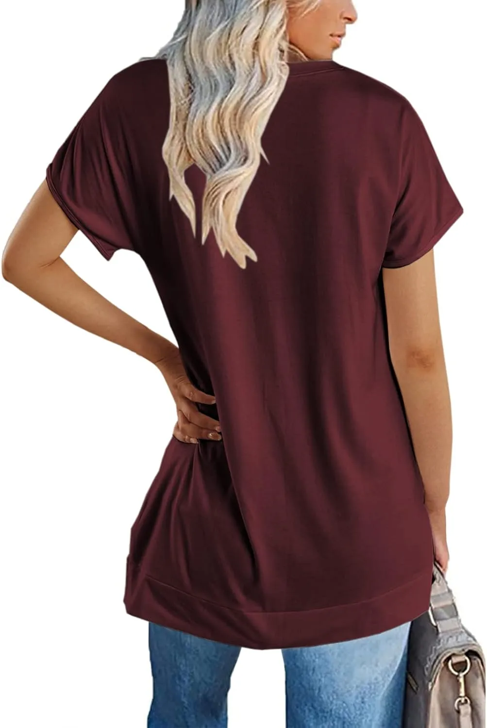 Women's Round Neck Solid Color T-Shirt Side Slit Casual Short-Sleeved Summer Sports Tunic Top