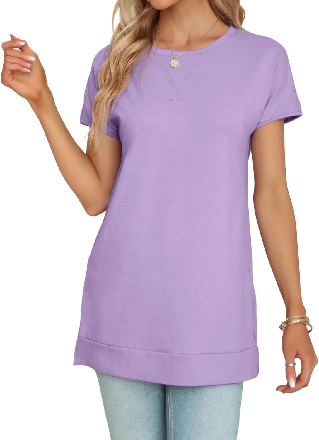 Women's Round Neck Solid Color T-Shirt Side Slit Casual Short-Sleeved Summer Sports Tunic Top