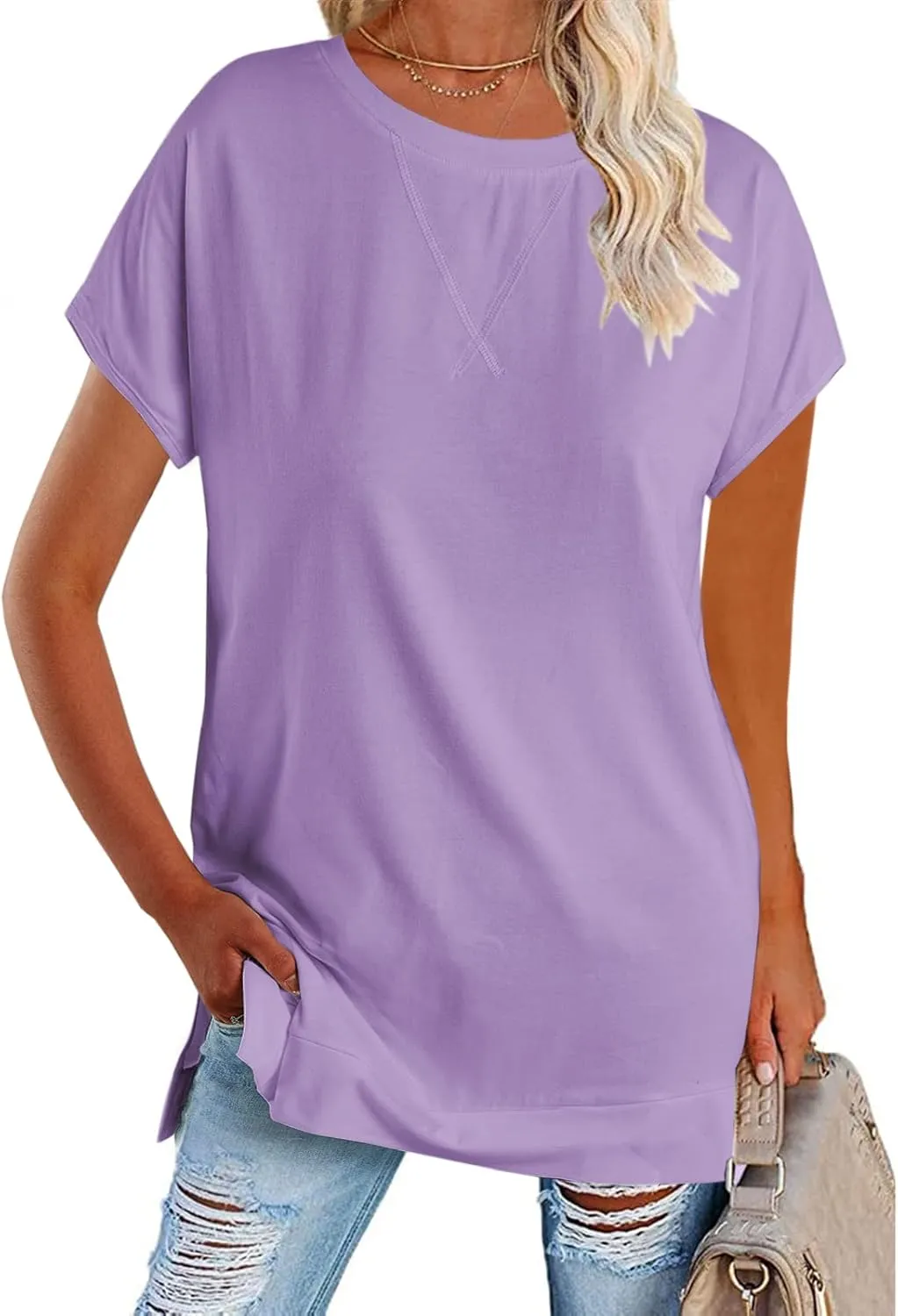 Women's Round Neck Solid Color T-Shirt Side Slit Casual Short-Sleeved Summer Sports Tunic Top