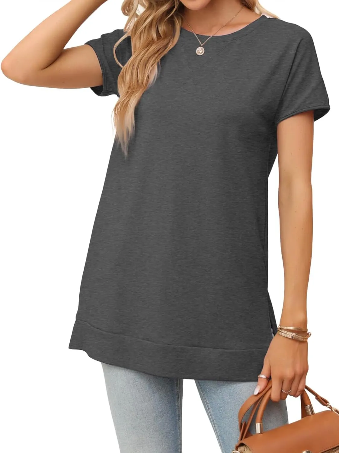 Women's Round Neck Solid Color T-Shirt Side Slit Casual Short-Sleeved Summer Sports Tunic Top