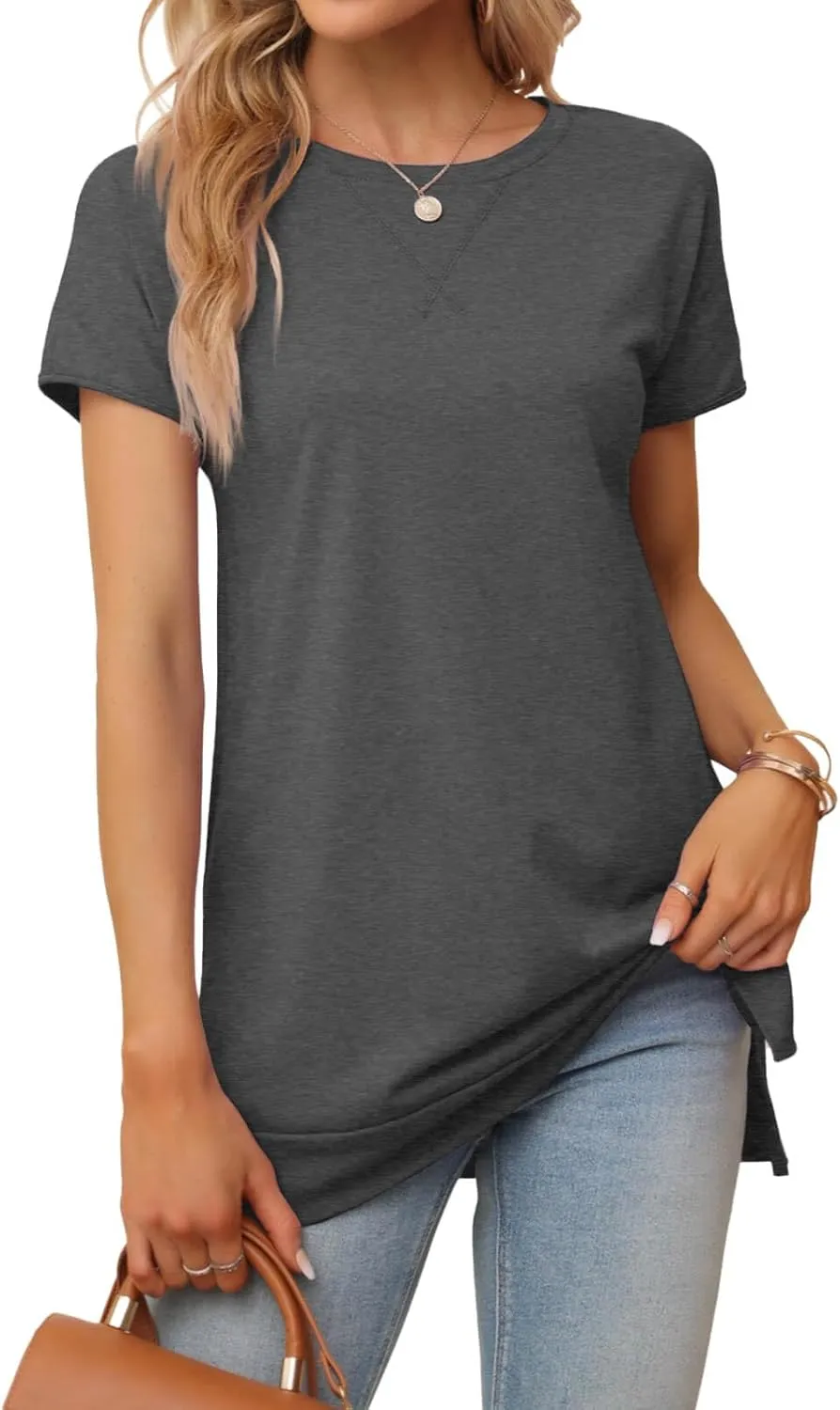 Women's Round Neck Solid Color T-Shirt Side Slit Casual Short-Sleeved Summer Sports Tunic Top