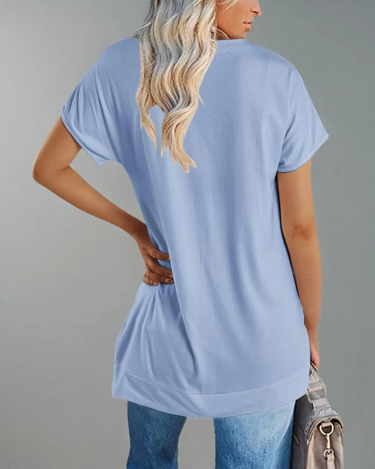 Women's Round Neck Solid Color T-Shirt Side Slit Casual Short-Sleeved Summer Sports Tunic Top