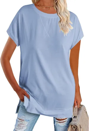 Women's Round Neck Solid Color T-Shirt Side Slit Casual Short-Sleeved Summer Sports Tunic Top
