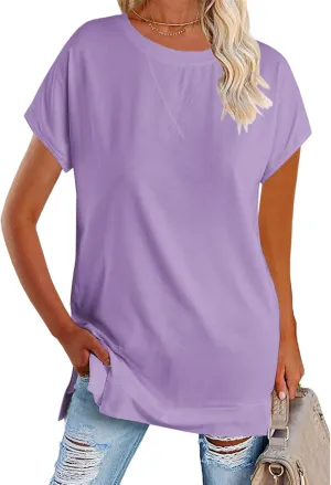 Women's Round Neck Solid Color T-Shirt Side Slit Casual Short-Sleeved Summer Sports Tunic Top