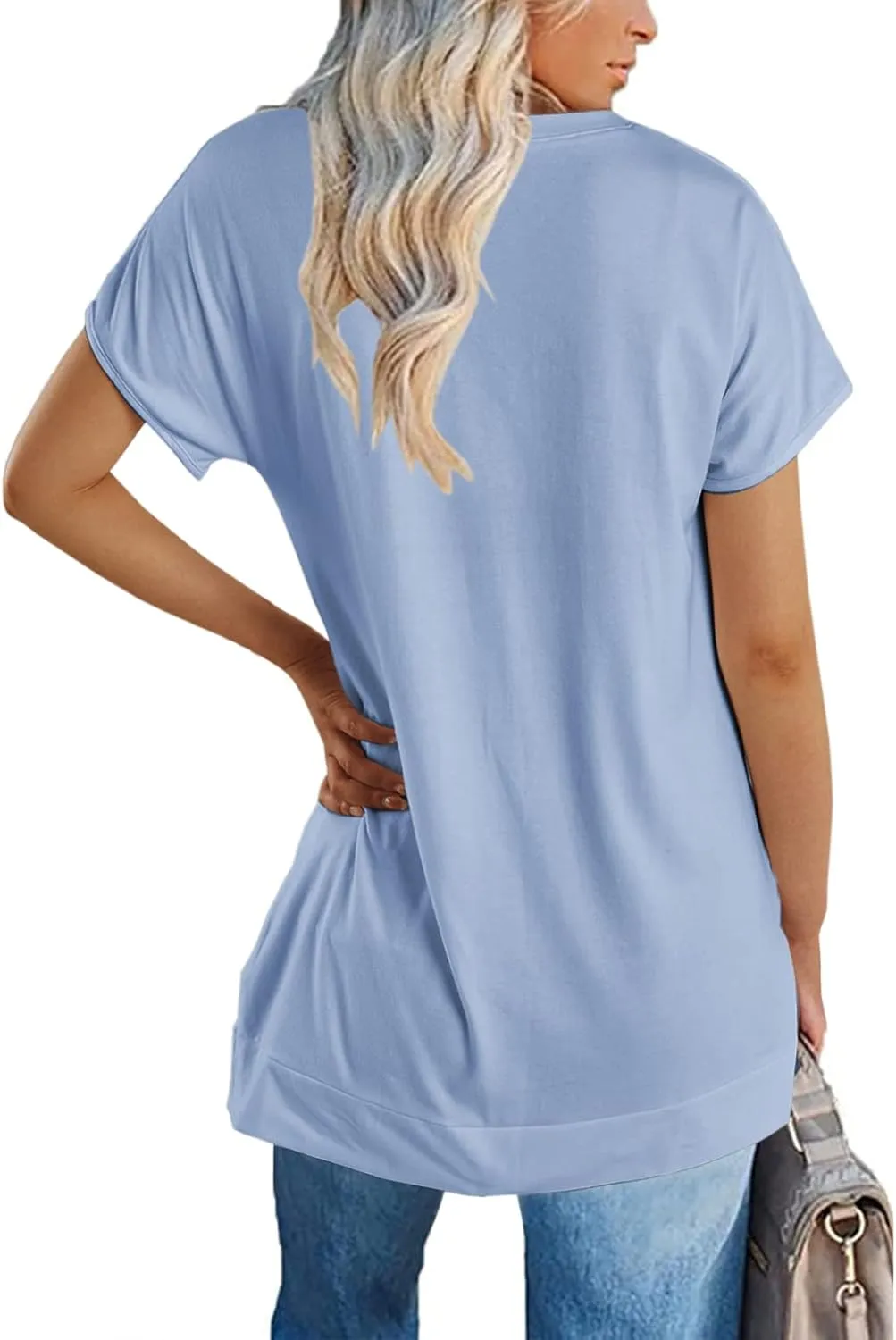 Women's Round Neck Solid Color T-Shirt Side Slit Casual Short-Sleeved Summer Sports Tunic Top