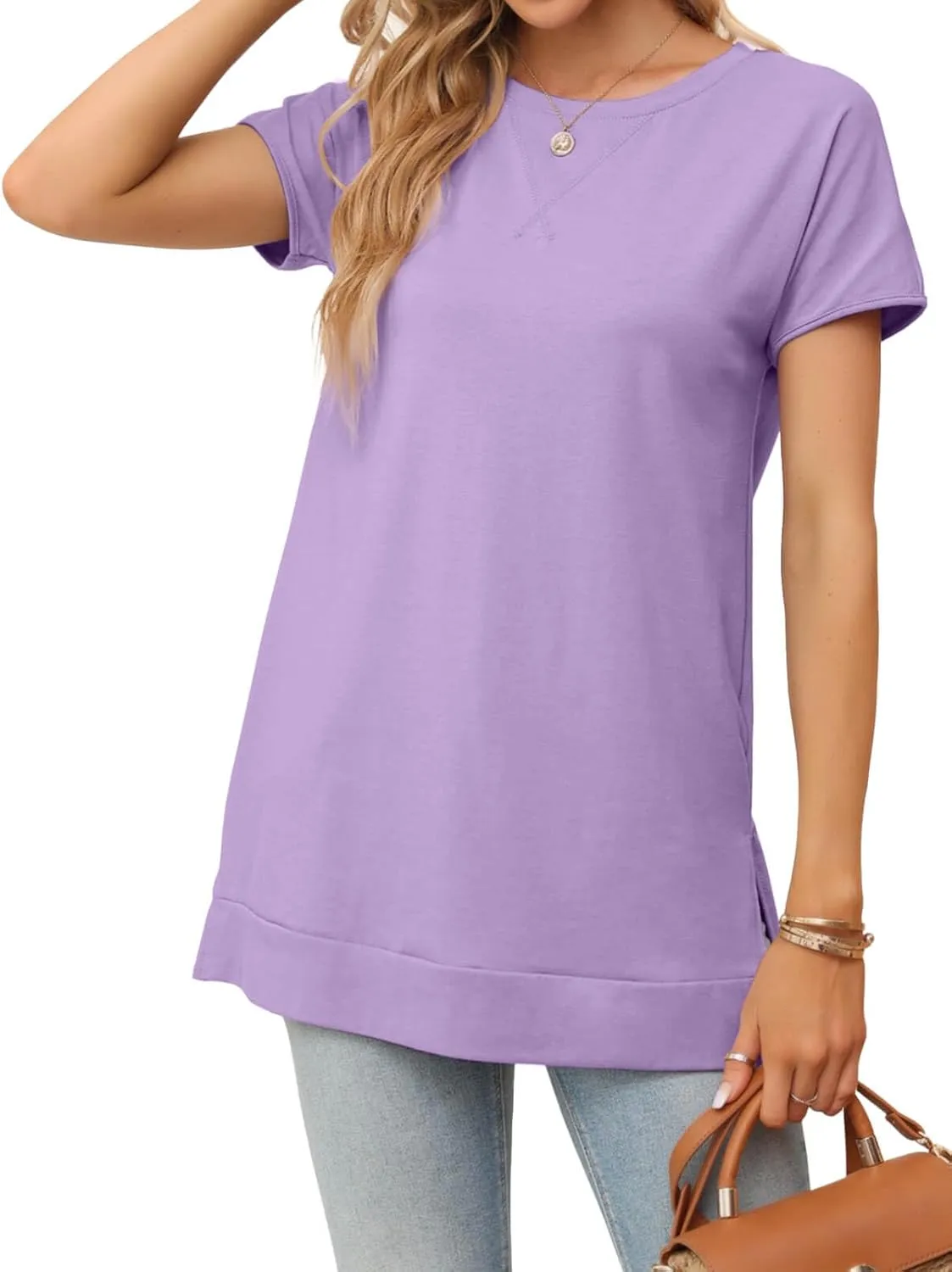 Women's Round Neck Solid Color T-Shirt Side Slit Casual Short-Sleeved Summer Sports Tunic Top