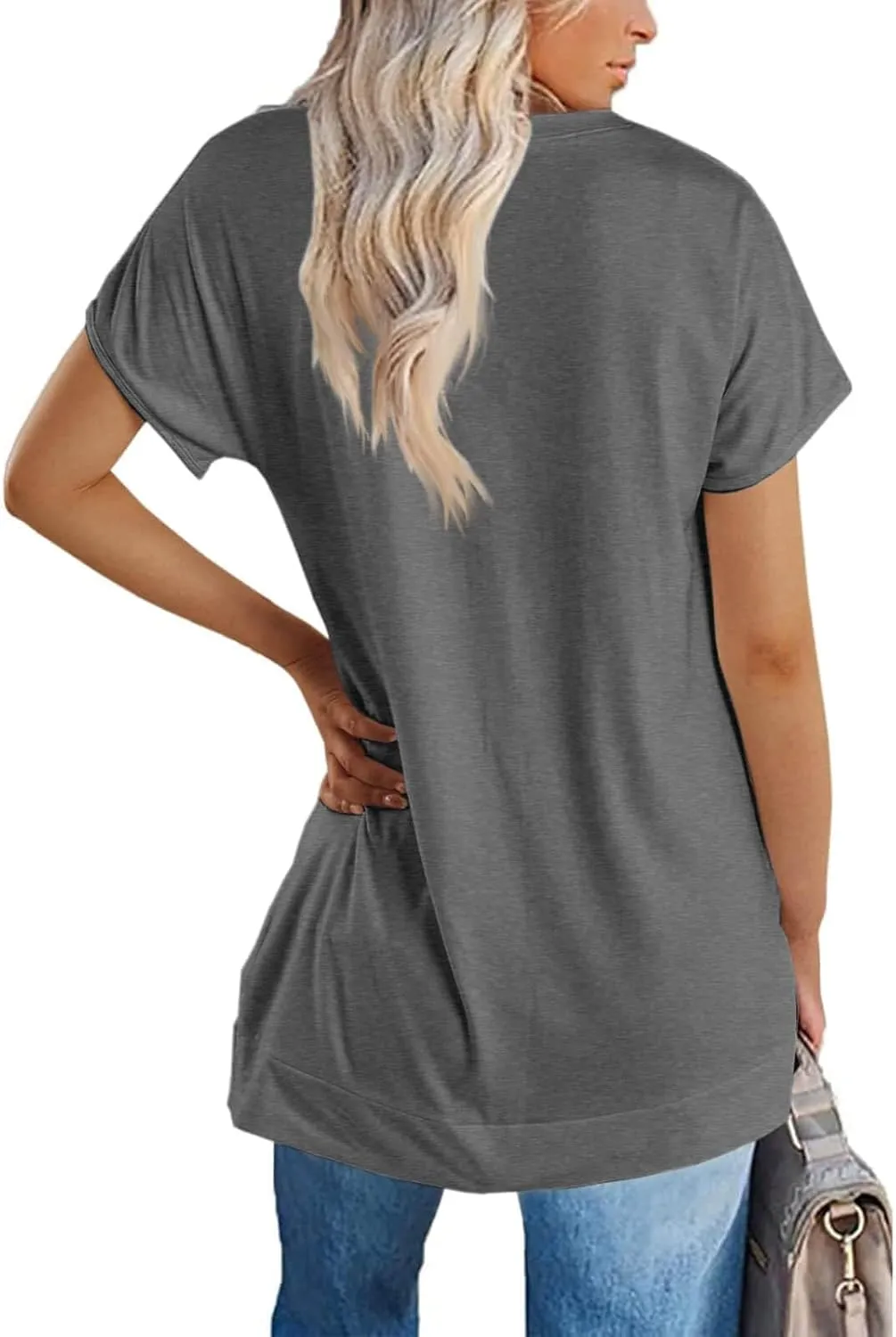 Women's Round Neck Solid Color T-Shirt Side Slit Casual Short-Sleeved Summer Sports Tunic Top