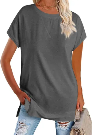 Women's Round Neck Solid Color T-Shirt Side Slit Casual Short-Sleeved Summer Sports Tunic Top