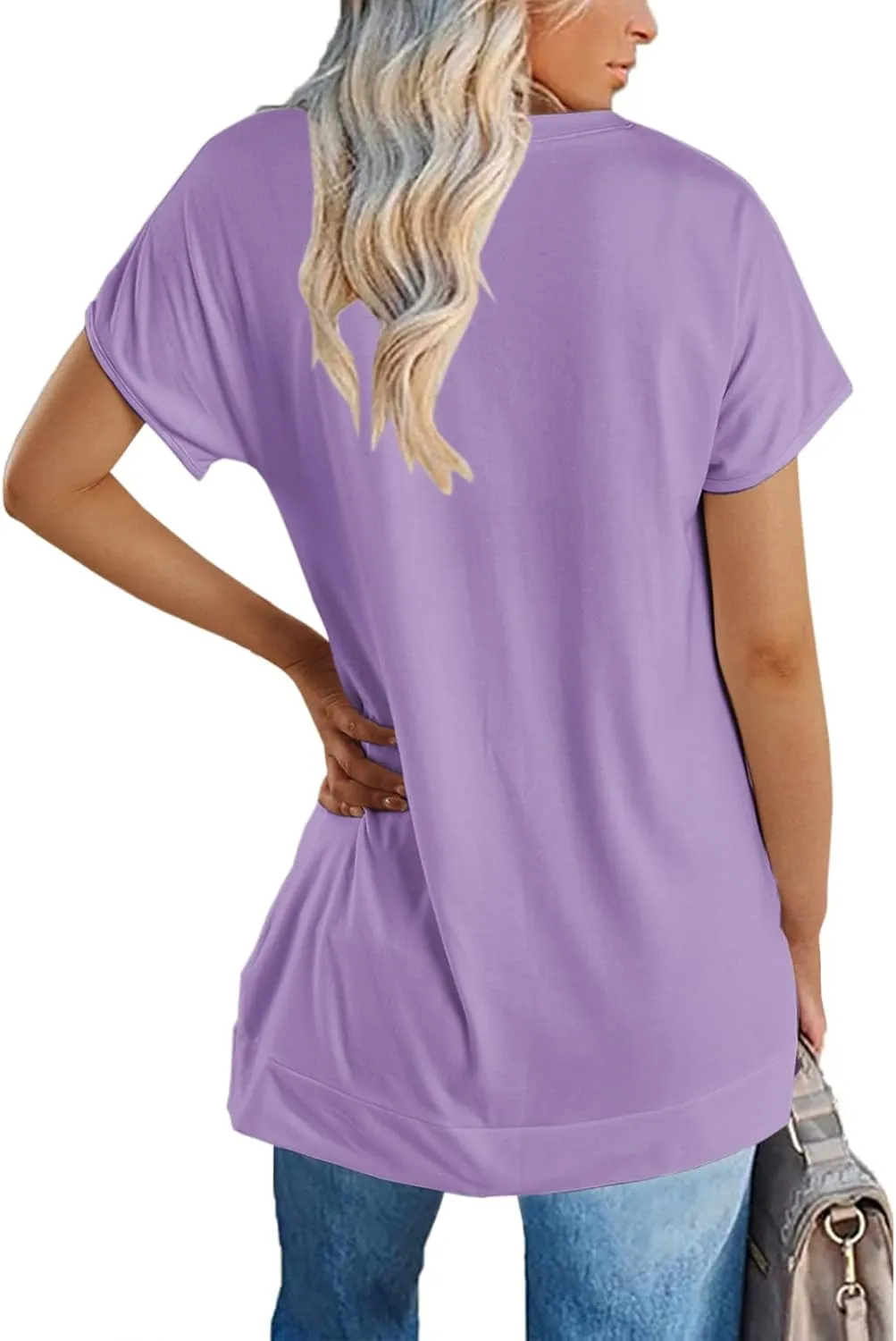 Women's Round Neck Solid Color T-Shirt Side Slit Casual Short-Sleeved Summer Sports Tunic Top