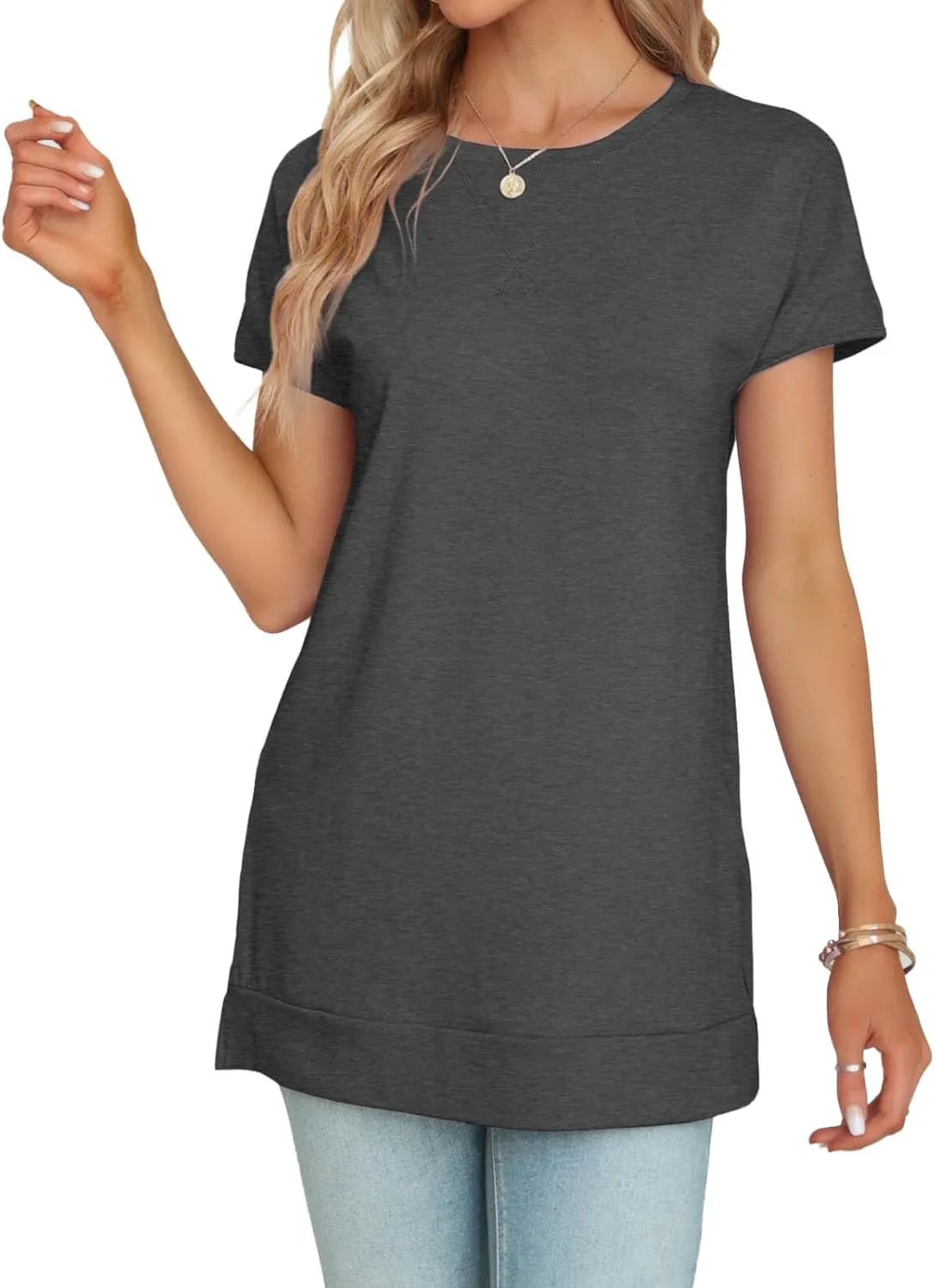 Women's Round Neck Solid Color T-Shirt Side Slit Casual Short-Sleeved Summer Sports Tunic Top