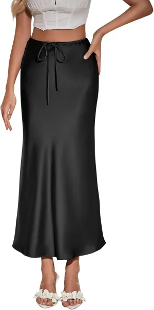 Womens Satin Maxi Skirts Drawstring High Waist Silk Elegant Flowy Casual A-Line Long Skirt Cocktail Party Weekend Midi Skirts