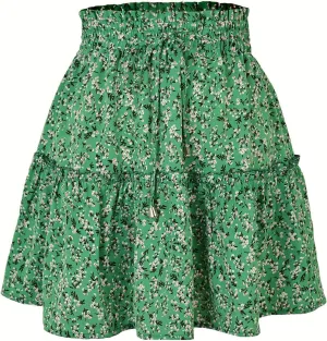 Women's Short Floral Ruffle Chiffon Mini Skirt with Tiered Hem Elastic Drawstring Waist A-Line Swing Beach Dress