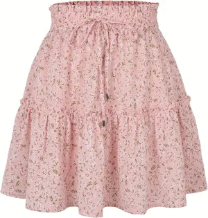 Women's Short Floral Ruffle Chiffon Mini Skirt with Tiered Hem Elastic Drawstring Waist A-Line Swing Beach Dress