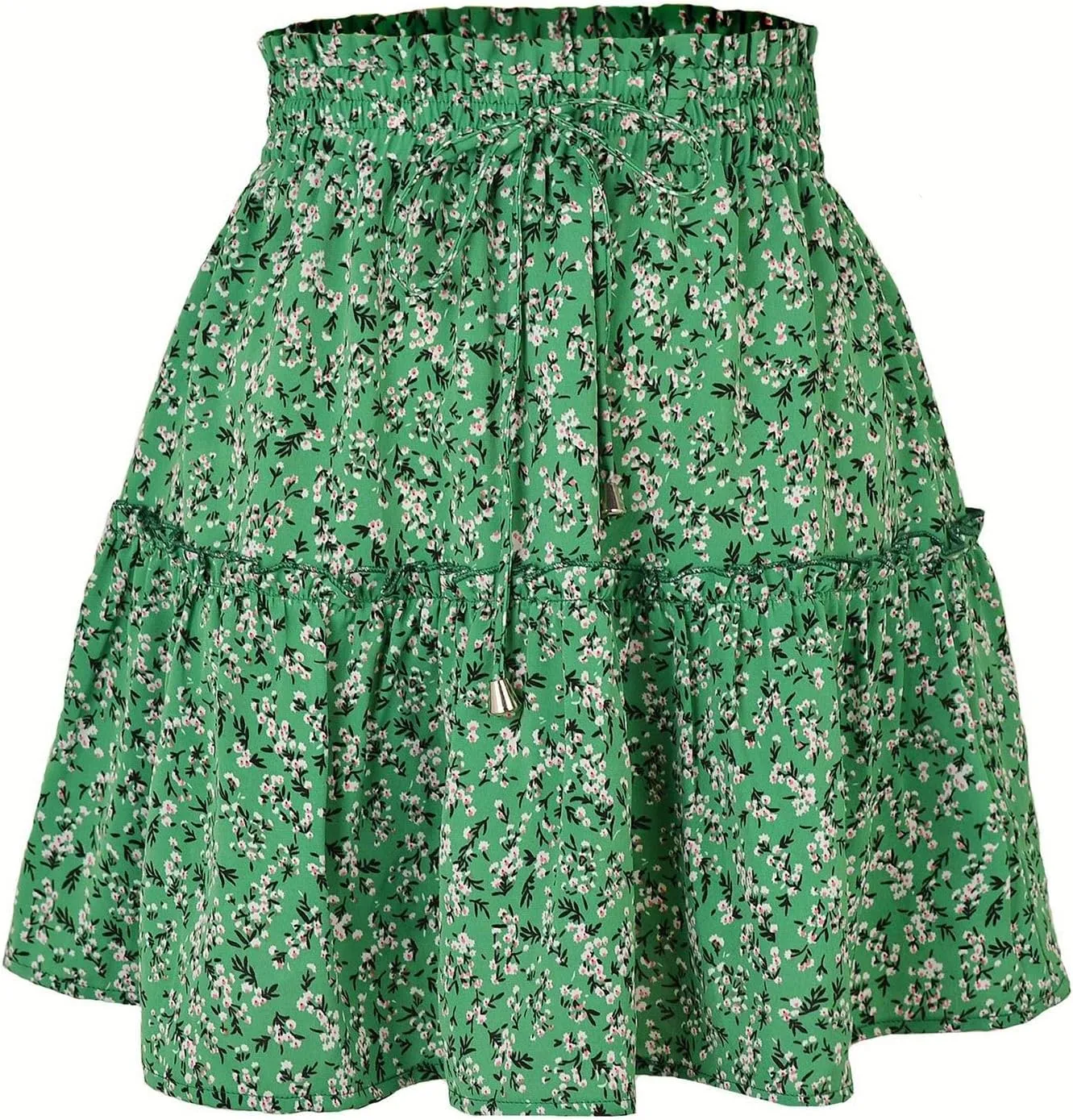 Women's Short Floral Ruffle Chiffon Mini Skirt with Tiered Hem Elastic Drawstring Waist A-Line Swing Beach Dress