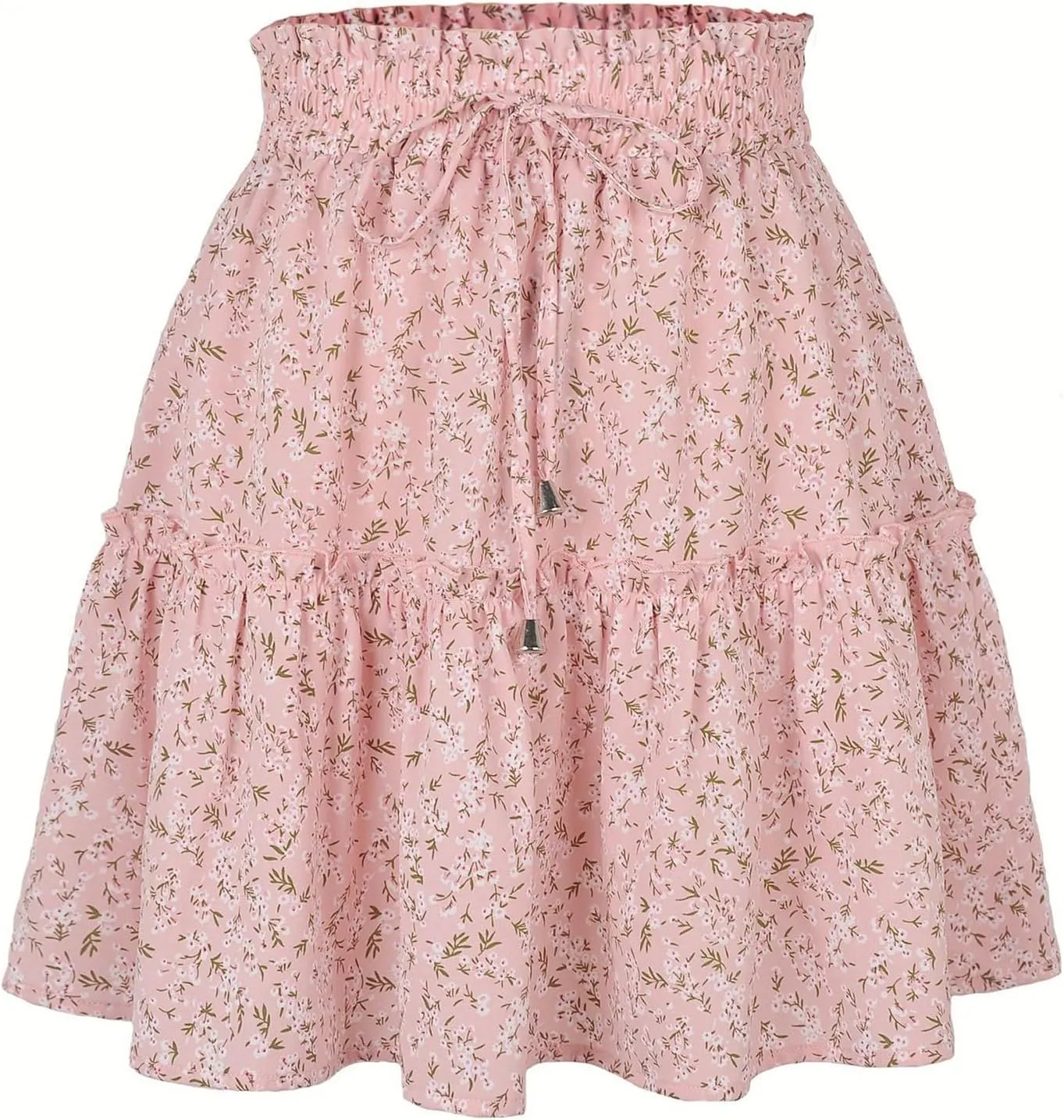 Women's Short Floral Ruffle Chiffon Mini Skirt with Tiered Hem Elastic Drawstring Waist A-Line Swing Beach Dress