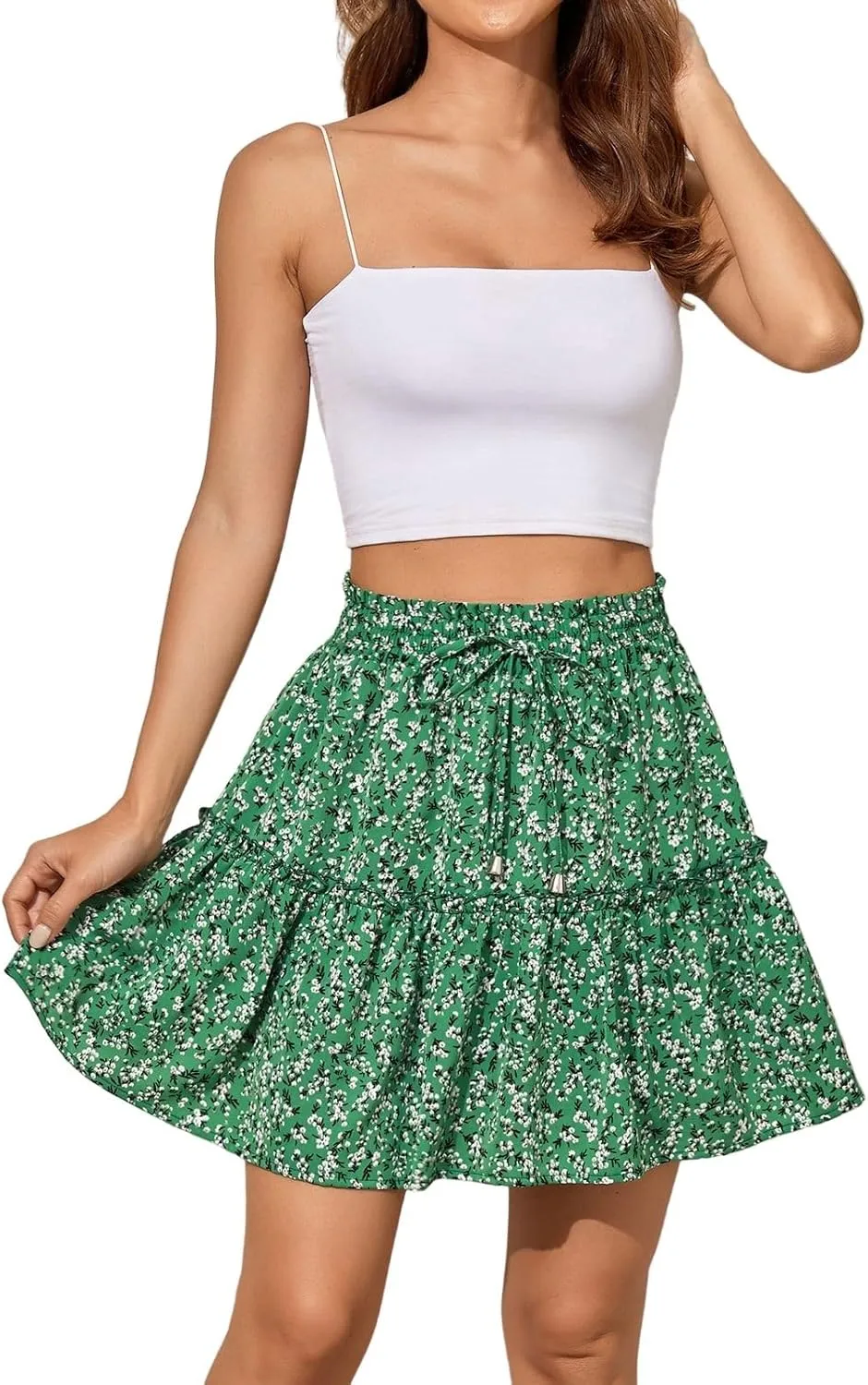 Women's Short Floral Ruffle Chiffon Mini Skirt with Tiered Hem Elastic Drawstring Waist A-Line Swing Beach Dress