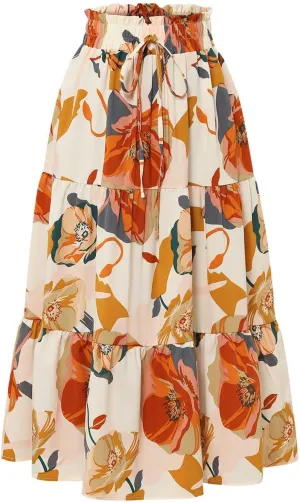 Womens Skirt Summer Casual Floral Print Midi Pleated Long Skirts High Waisted A Line Flowy Swing Beach Maxi Skirt